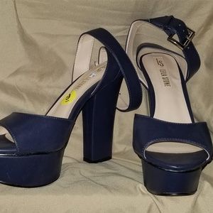 DARK BLUE CHUNKY OPEN TOE HEELS BY LEILA STONE
